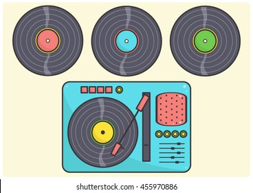 Blue record player with vinyl records