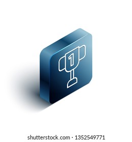 Blue rectangle isometric Champion cup for winner. Championship trophy. Victory concept