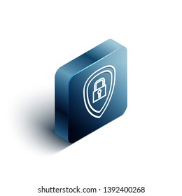 Blue rectangle isometric Parcel protection icon.