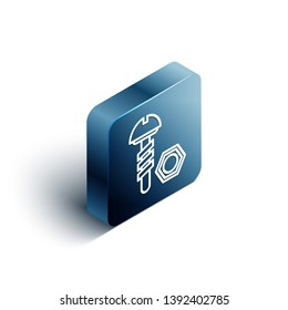 Blue rectangle isometric Screw and nut super icon. Screw symbol.