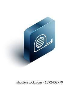 Blue rectangle isometric Tape measure icon, measuring tool, ruler.