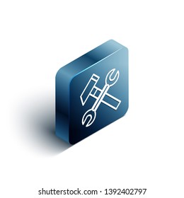 Blue rectangle isometric Wrench and hammer. Tools icon