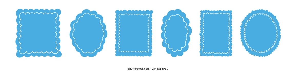 Blue Rectangle stamp with wavy edges and circular burst details. Icons for labels and stickers. Flat vector illustration isolated on white background.