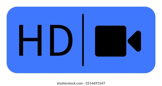 A blue rectangular background with HD text and a vertical line followed by a video camera icon in black. Represents high-definition video. Themes: video quality, HD, media, technology, digital conte