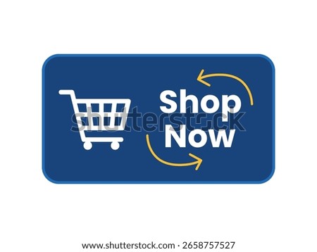 A blue rectangular button with rounded corners features a white shopping cart icon and the text Shop Now in white, with yellow circular arrows indicating action, isolated on white background.