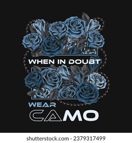 Blue rectangular camouflage label with lush blooming roses, gray leaves, intertwined strings of beads, text Wear Camo. Vintage style. For sport goods, textile design. Not AI