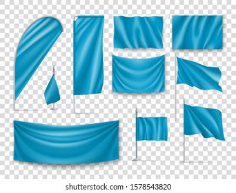 Blue rectangular flags set isolated on transparent background. Realistic wavy flag on pole, expo banner, drop and desk flag mockups. Product branding, company corporate identity vector illustration.