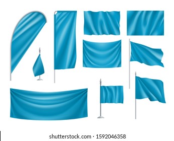 Blue rectangular flags set isolated on white background. Realistic wavy flag on pole, expo banner, drop and desk flag mockups. Product branding, company corporate identity vector illustration.