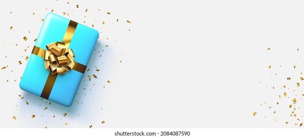 Blue rectangular gift box with golden bow. Christmas, birthday, Valentine's day present. Space for text. Vector holiday illustration.