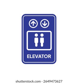 Sinal retangular azul com cantos arredondados exibe símbolo de elevador branco, duas figuras, setas para cima e para baixo e a palavra "ELEVADOR", criando um gráfico claro e informativo.