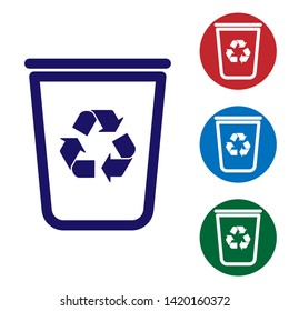 Blue Recycle bin with recycle symbol icon isolated on white background. Trash can icon. Garbage bin sign. Recycle basket sign. Set color icon in circle buttons. Vector Illustration