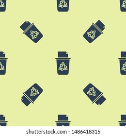 Blue Recycle bin with recycle symbol icon isolated seamless pattern on yellow background. Trash can icon. Garbage bin sign. Recycle basket sign.  Vector Illustration
