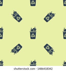 Blue Recycle bin with recycle symbol icon isolated seamless pattern on yellow background. Trash can icon. Garbage bin sign. Recycle basket sign.  Vector Illustration