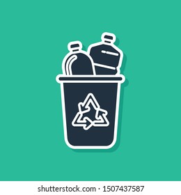 Blue Recycle bin with recycle symbol icon isolated on green background. Trash can icon. Garbage bin sign. Recycle basket sign.  Vector Illustration