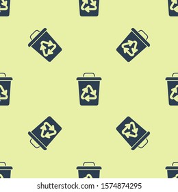 Blue Recycle bin with recycle symbol icon isolated seamless pattern on yellow background. Trash can icon. Garbage bin sign. Recycle basket sign.  Vector Illustration