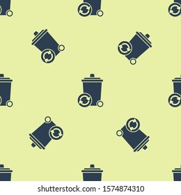 Blue Recycle bin with recycle symbol icon isolated seamless pattern on yellow background. Trash can icon. Garbage bin sign. Recycle basket sign.  Vector Illustration