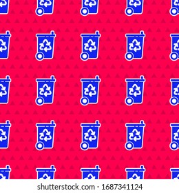 Blue Recycle bin with recycle symbol icon isolated seamless pattern on red background. Trash can icon. Garbage bin sign. Recycle basket sign.  Vector Illustration