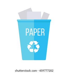 Blue recycle garbage bin with paper. Reuse or reduce symbol. Plastic recycle trash can. Trash can icon in flat. Waste recycling. Environmental protection. Vector illustration.