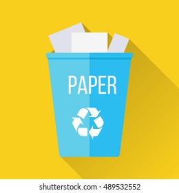 Blue Recycle Garbage Bin With Paper. Reuse Or Reduce Symbol. Plastic Recycle Trash Can. Trash Can Icon In Flat. Waste Recycling. Environmental Protection. Vector Illustration.