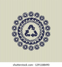 Blue recycle icon inside distress rubber grunge seal