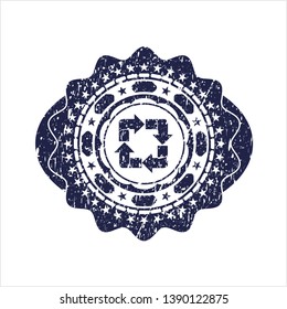 Blue recycle icon inside distressed grunge style stamp