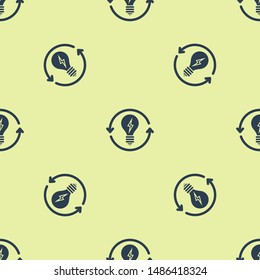 Blue Recycle and light bulb with lightning symbol icon isolated seamless pattern on yellow background. Light lamp sign. Idea symbol.  Vector Illustration
