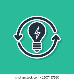 Blue Recycle and light bulb with lightning symbol icon isolated on green background. Light lamp sign. Idea symbol.  Vector Illustration