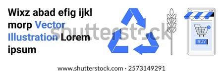 Blue recycle symbol, eco-friendly wheat icon, and online shopping cart depicted with a storefront awning and Buy button. Ideal for sustainability, eco-commerce, online shopping, recycling