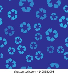 Blue Recycle symbol icon isolated seamless pattern on blue background. Circular arrow icon. Environment recyclable go green. Vector Illustration