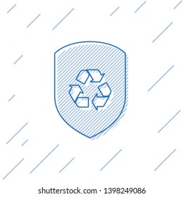 Blue Recycle symbol inside shield line icon isolated on white background. Eco protection sign. Vector Illustration