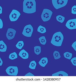 Blue Recycle symbol inside shield icon isolated seamless pattern on blue background. Eco protection sign. Vector Illustration