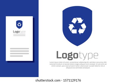 Blue Recycle symbol inside shield icon isolated on white background. Eco protection sign. Logo design template element. Vector Illustration