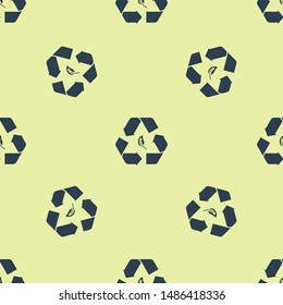 Blue Recycle symbol and leaf icon isolated seamless pattern on yellow background. Environment recyclable go green.  Vector Illustration