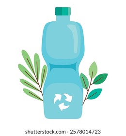 A blue recycled plastic bottle with green leaves in cartoon style