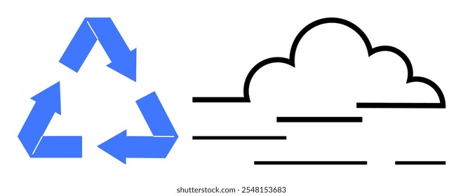 Setas de reciclagem azuis ao lado de um contorno de nuvem preta com linhas horizontais. Ideal para sustentabilidade, reciclagem, conservação ambiental, educação em ecologia, conscientização sobre mudanças climáticas. Vetor simples