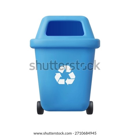 Blue Recycling Bin, 3D Minimal Style. Waste Sorting And Clean Environment Concept, vector illustration