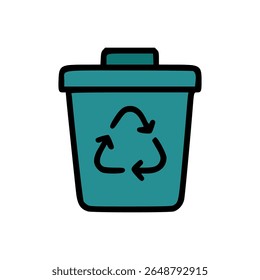 Blue Recycling Bin with Black Outline and Triangular Recycle Symbol in Simple Hand-Drawn Style