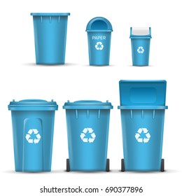 Blue Recycling Bin Bucket Vector For Paper Trash. Opened And Closed. Front View. Sign Arrow. Isolated Illustration