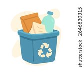 A blue recycling bin is filled with trash. The recycling bin contains paper, a bottle, and cardboard.