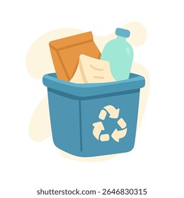 Uma lixeira azul está cheia de lixo. A lixeira contém papel, garrafa e papelão.