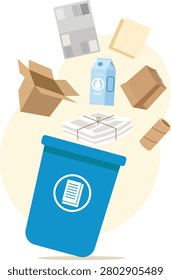 Blue recycling bin with flying paper sheets, cardboard boxes, and office stationery waste vector design.