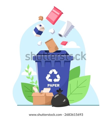 Blue recycling bin labeled paper with flying trash, flat style on white background, concept of waste sorting and environmental protection. Vector illustration