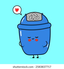 Blue Recycling Bin in Love. Cute Cartoon Trash Can Character with Heart Expression