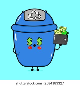 Blue Recycling Bin Mascot. Cute Trash Can Holding Wallet and Money