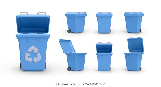 Blue Recycling Bin In Multiple Angles And Open Lid Variations In 3D Minimal Style. Waste Sorting And Clean Environment Concept For Sustainability Projects. Vector Illustration