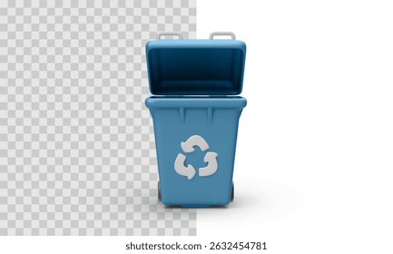 Blue Recycling Bin with Open Lid and White Recycle Symbol. Eco-Friendly Waste Container in 3D Style. Vector Illustration.