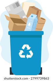 Blue recycling bin with paper and cardboard waste. Concept of garbage sorting, waste management, and environmental conservation. Flat vector illustration.
