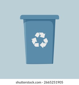 Blue recycling bin with recycling symbol. Simple design of recycling bin. Perfect for recycling themes. Recycle bin illustration on light blue background. Aesthetic vector illustration.