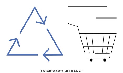 A blue recycling symbol forms a triangle with arrows pointing clockwise. Adjacent, a black shopping cart outline suggests movement. Ideal for sustainable shopping environmental awareness eco-friendly