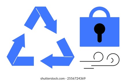 Blue recycling symbol with three arrows, a blue padlock representing security, and black wind lines. Ideal for sustainability, eco-friendly practices, waste management, security awareness